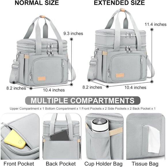 Double Deck Insulated Lunch Box for Men & Women, Leakproof Tote Cooler (Grey) - Picture 5 of 7